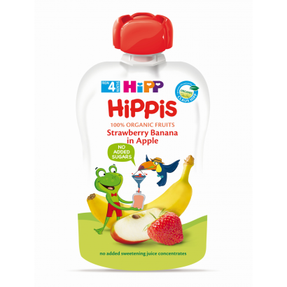 HiPP HiPPiS BIO eper-banán almában gyümölcspép 4 hónapos kortól 100 g