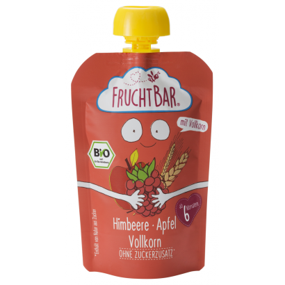 FRUCHTBAR BIO 100% GYÜMÖLCSÖS BÉBIDESSZERT MÁLNA ALMÁVAL ÉS GABONÁVAL 6 HÓNAPOS KORTÓL