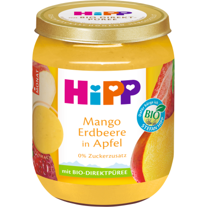 HiPP bio gyümölcskészítmény alma mangóval és eperrel bébidesszert 6 hónapos kortól 160 g