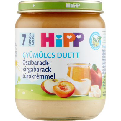 HiPP Gyümölcs Duett BIO őszibarack-sárgabarack túrókrémmel bébidesszert 7 hónapos kortól 160 g