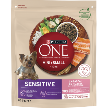 Purina One Mini Sensitive teljes értékű állateledel felnőtt kutyák számára lazaccal és rizzsel 800 g