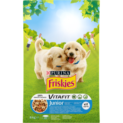 Purina Friskies Junior csirkével, hozzáadott zöldségekkel és tejjel száraz kutyaeledel 8 kg