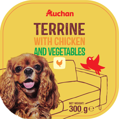 Auchan Kedvenc teljes értékű állateledel felnőtt kutyák számára zöldséges csirkével 300 g