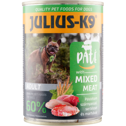 Julius-K9 pástétom szárnyassal, sertéssel, marhával teljesértékű eledel felnőtt kutyák számára 400 g