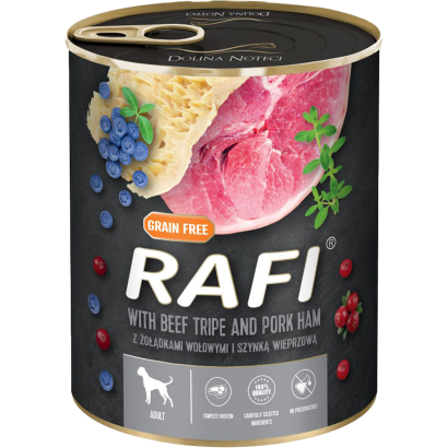 Rafi kutya pástétom sonka, marhapacal, vörös- és kék áfonyával konzerv 800g