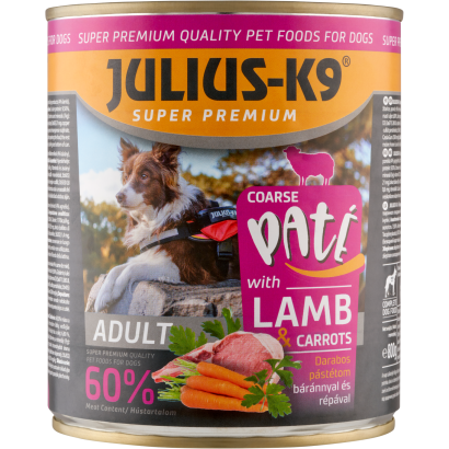 Julius-K9 darabos pástétom báránnyal és répával teljes értékű eledel kutyáknak 800 g