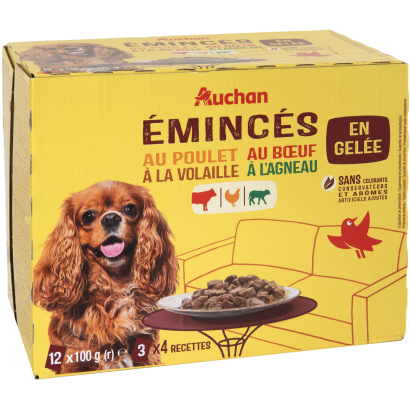 Auchan Teljes értékű alutasakos kutyaeledel aszpikban (csirke, marha, baromfi, bárány) 12x100 g