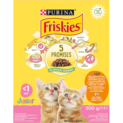 Purina Friskies Junior csirkével, tejjel és hozzáadott zöldségekkel száraz macskaeledel 300 g