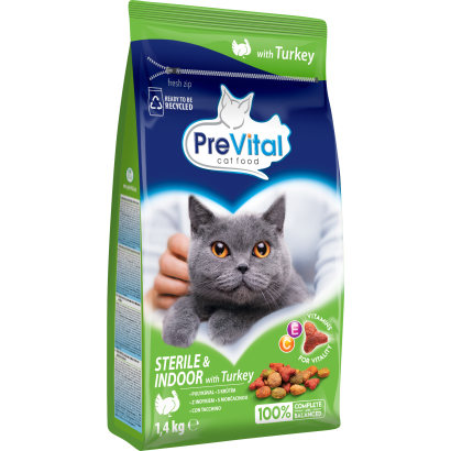 PreVital száraz macskaeledel, macskatáp steril, lakásban tartott macskáknak pulykával 1,4 kg