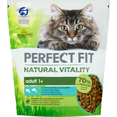 Perfect Fit Natural Vitality teljes értékű száraz eledel macskáknak lazaccal, fehérhúsú hallal 650 g