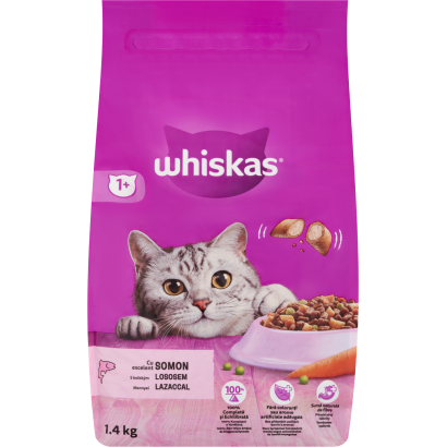 Whiskas 1+ teljes értékű szárazeledel felnőtt macskák számára lazaccal 1,4 kg