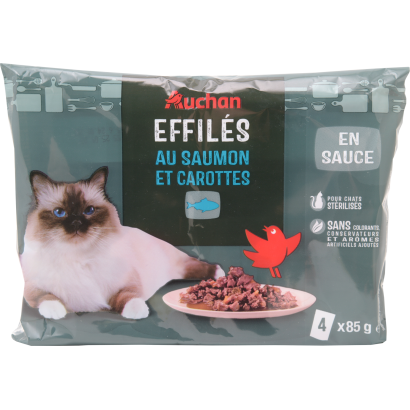 Auchan Kedvenc teljes értékű állateledel felnőtt macskák számára lazac-répa ízesítéssel 4x85 g