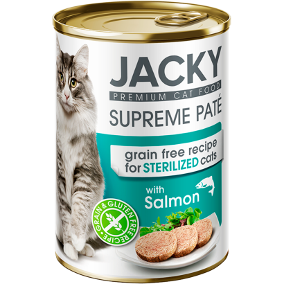 Jacky lazacban gazdag pástétom teljes értékű állateledel ivartalanított macskák számára 400 g
