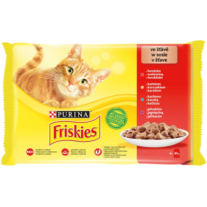 Purina Friskies szószban csirkével/marhával/báránnyal/kacsával nedves macskaeledel 4 x 85 g