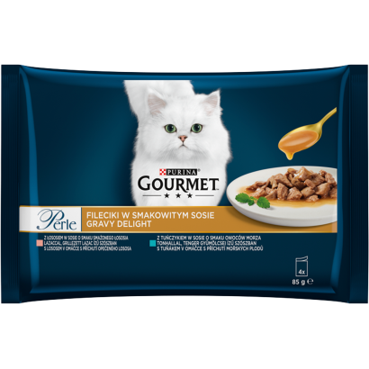 Purina Gourmet Perle Gravy Delight lazaccal/tonhallal nedves macskaeledel 4 x 85 g