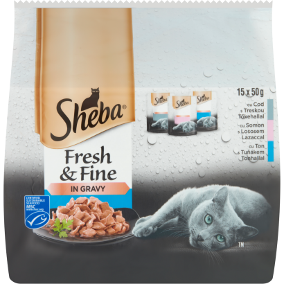 Sheba Fresh & Fine halas válogatás mártásban felnőtt macskák számára 15 x 50 g (750 g)