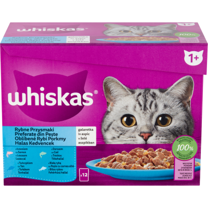 Whiskas Halas Kedvencek teljes értékű nedves eledel felnőtt macskáknak aszpikban 12 x 85 g (1,02 kg)