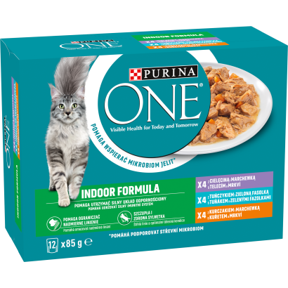 Purina One Indoor Formula csirkével/borjúval/tonhallal nedves macskaeledel 12 x 85 g (1020 g)