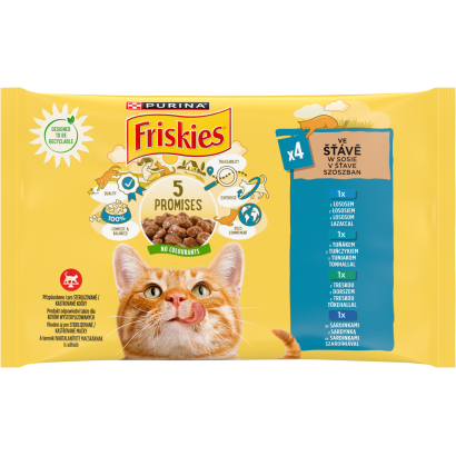 Purina Friskies szószban lazaccal/tonhallal/szardíniával/tőkehallal nedves macskaeledel 4 x 85 g