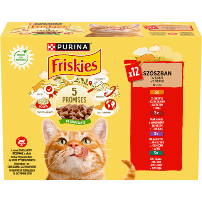 Friskies állateledel macskák számára szószban csirkével/marhával/báránnyal/kacsával 12 x 85 g
