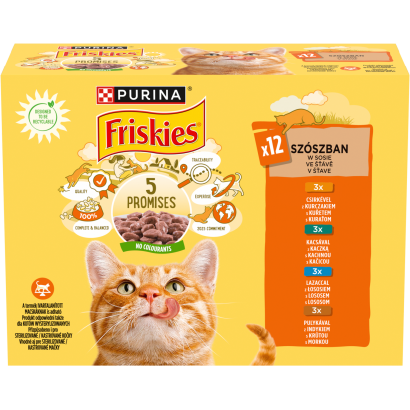 Friskies szószban csirkével/kacsával/lazaccal/pulykával macskaeledel 12 x 85 g (1,02 kg)