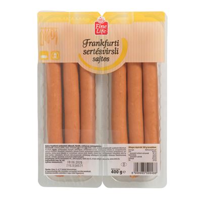 Fine Life Sajtos frankfurti sertésvirsli, hőkezelt, füstölt, védőgázas csomagolásban, 400g