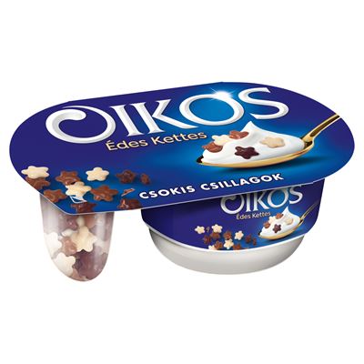 DANONE Oikos Édes Kettes édesített joghurt vaníliaízű, csokoládéval bevont gabonacsillagokkal 102 g