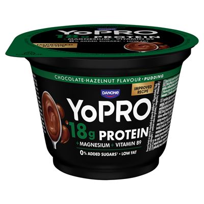 DANONE YoPro csokoládé- és mogyoróízű tejdesszert magas fehérjetartalommal és édesítőszerrel 180 g