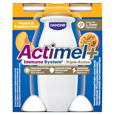 DANONE Actimel+ őszibarack- és maracujaízű zsírszegény joghurtalapú ital 4 x 100 g (400 g)