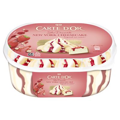 CARTE D'OR sajttorta ízű jégkrém és keksz ízű jégkrém epres szósszal és kekszdarabkákkal 825 ml