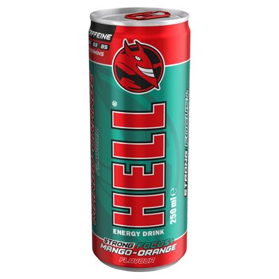 HELL Focus+ mangó-, narancs- és tuttifruttiízű, koffeintartalmú, szénsavas alkoholmentes ital 250 ml