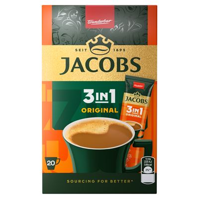 JACOBS 3in1 Original azonnal oldódó kávéitalpor kávéfehérítővel és cukorral 20 x 12,6 g (252 g)