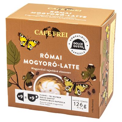 CAFE FREI Római Mogyoró Latte mogyoróízű egyadagos tejeskávé kapszula 9 x 14 g (126 g)
