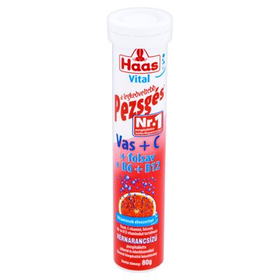 Haas Vital Vas + C + folsav + B6 + B12 vérnarancsízű étrend-kiegészítő pezsgőtabletta 80 g