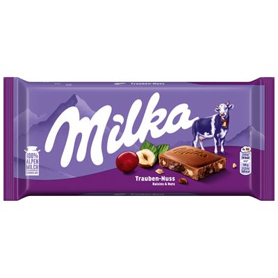 Milka Alpesi Tejcsokoládé Mazsolával és Mogyoródarabokkal 90 g