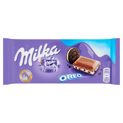 Milka Oreo alpesi tejcsokoládé kakaós kekszdarabokkal és vaníliaízű tejes krémtöltelékkel 100 g