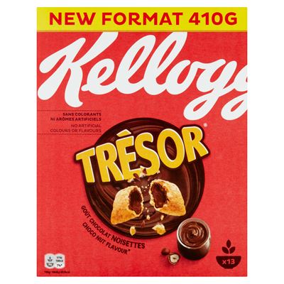 KELLOGG'S Trésor vegyes gabonákból készült párnák csokoládés mogyorós töltelékkel 410 g