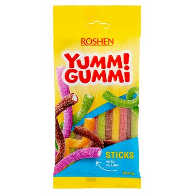 ROSHEN Yummi Gummi Sour Sticks gyümölcs ízű gumicukorkák citrom ízű töltelékkel 70 g