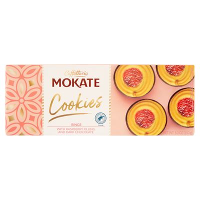 MOKATE étcsokoládé málna ízű töltött keksz karikák 150 g