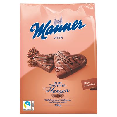 Manner tejcsokoládéba mártott, rumízű trüffelkrémmel töltött ropogós ostyaszívek 300 g
