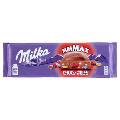 Milka Mmmax alpesi tejcsokoládé meggyes zselédarabkákkal, cukordrazséval és robbanócukorkával 250 g