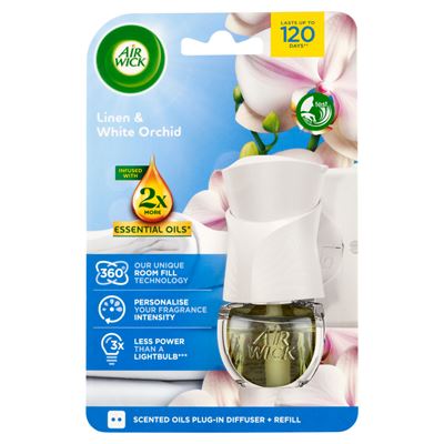 Air Wick elektromos légfrissítő készülék, Pamut és fehér orchidea utántöltővel, 19ml