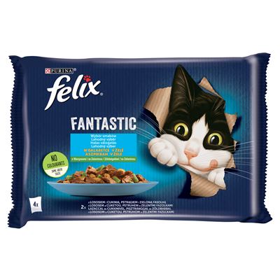 felix Purina Fantastic lazaccal, cukkinivel/pisztránggal, zöldbabbal aszpikban macskaeledel 4 x 85 g