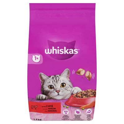 whiskas 1+ teljes értékű szárazeledel felnőtt macskák számára marhával 1,4 kg