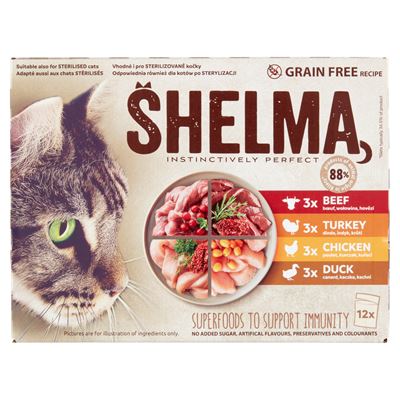 SHELMA gabonamentes párolt filé teljes értékű állateledel felnőtt macskák számára 12 x 85 g
