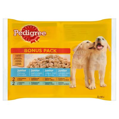 Pedigree Junior nedves állateledel kutyáknak csirke-rizs és marha-rizs aszpikban alutasak 13 x (4 x 100 g) 400 g