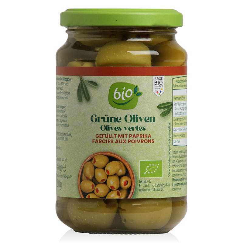 Bio töltött olívabogyó, paprikás, 350 g (200 g)
