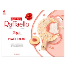 Raffaello kókuszízű jégkrém fehér húsú őszibarack- és hibiszkuszízű szószba mártva 138 g