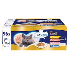 PreVital Fillet Selection nedves macskaeledel, macskatáp felnőtt macskáknak alutasakos 96 x 85 g
