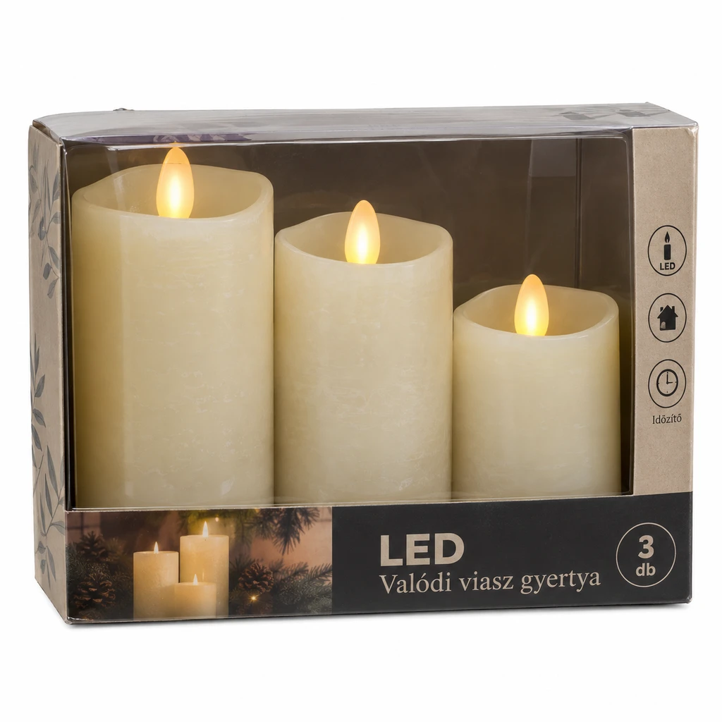 Led-Es Valódi Viasz Gyertya 3Db